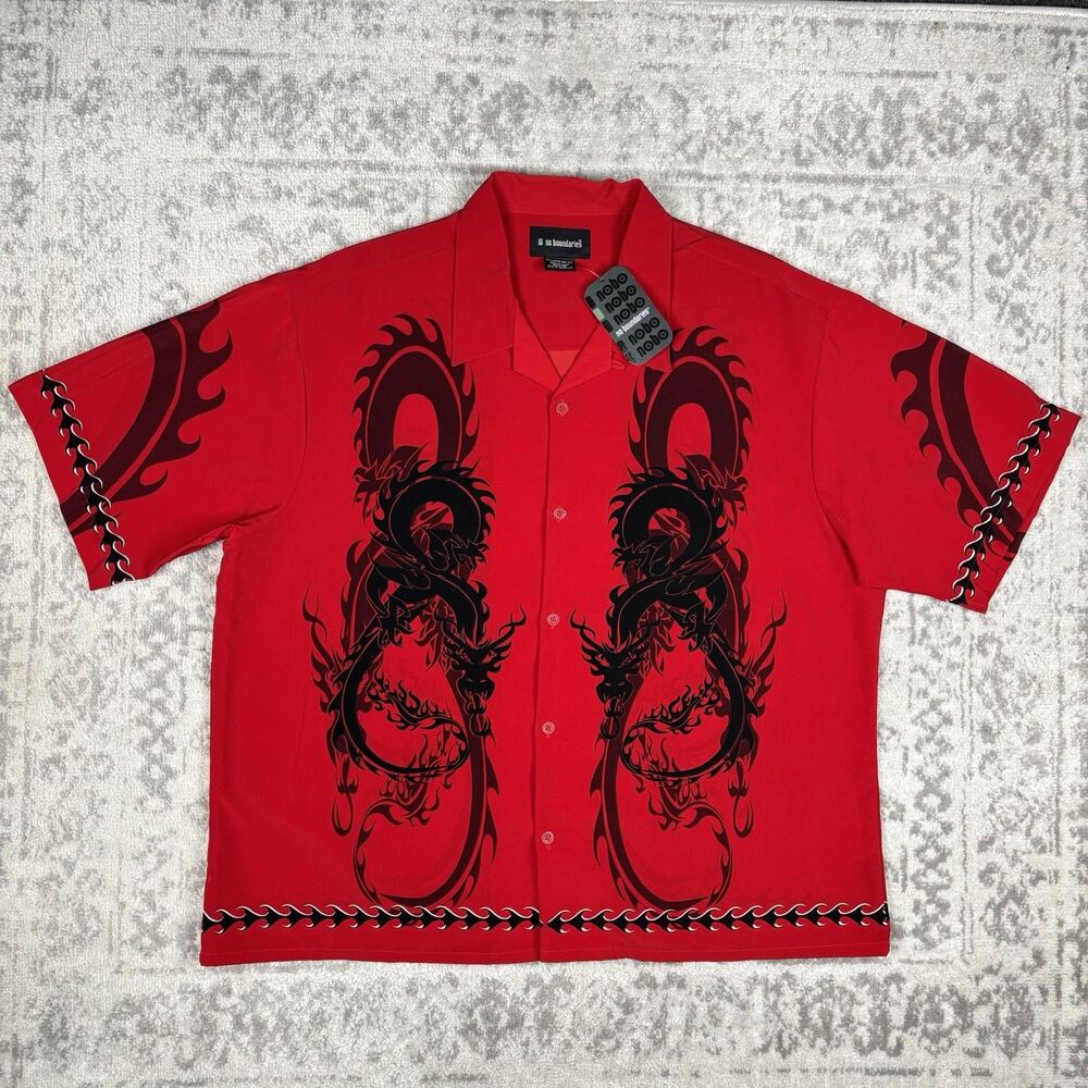 Y2K No Boundaries Bowling Shirt Dragon Tribal Button Up Red Size 2XL XXL